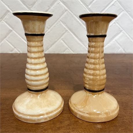 Pair of Vtg Czech Pearlescent Lusterware Candlestick Holders