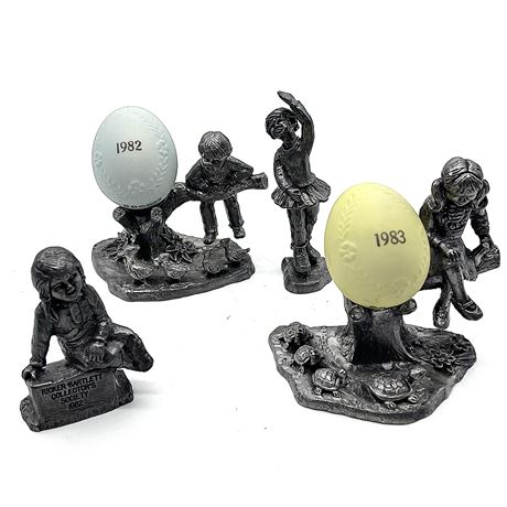 Grouping of Micheal Ricker Pewter Figurines with 1982 & 1983 Ceramic Eggs