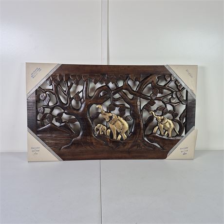 Lg Hand-Carved Suar Wood Elephant Wall Panel Southeast Asian Openwork Relief
