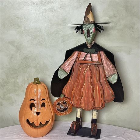 Rustic Style Witch with Ceramic Pumpkin Table-Top Halloween Decor