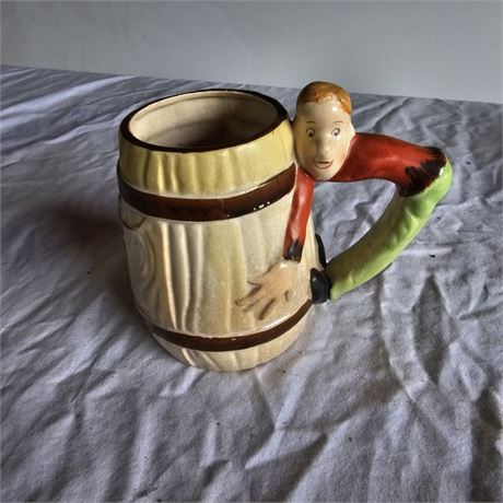 Vintage Barrel Mug: Funny Man Handle, Steer Decor