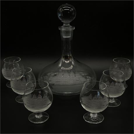 Vtg Toscany Hand-Blown Etched Clipper Ship Decanter & 6 Snifter Glasses