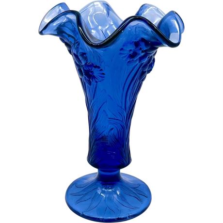 Fenton Cobalt Trumpet Ruffled Floral Vase