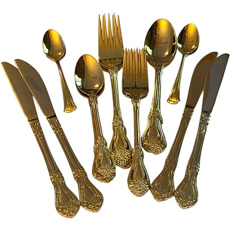 16 pc - Service for Four JCP Gold Tone Flatware w/ 4 Retroneau Demitasse Spoons