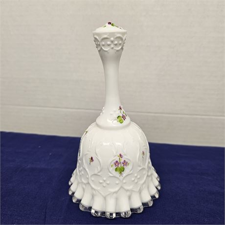 Fenton Hand Painted White Milk Glass Silver Crest-Violets in the Snow Bell