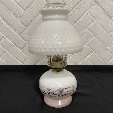 Vtg Currier & Ives Milk Glass Oil Lamp w/ Ruffled Hobnail Shade