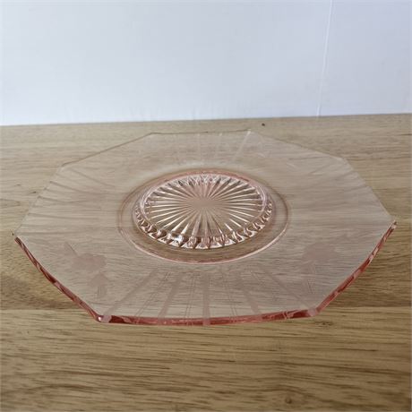 10" Pink depression floral etched glass serving plate