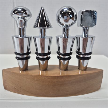 Heavy Solid Wine Stopper Set in Wood Base