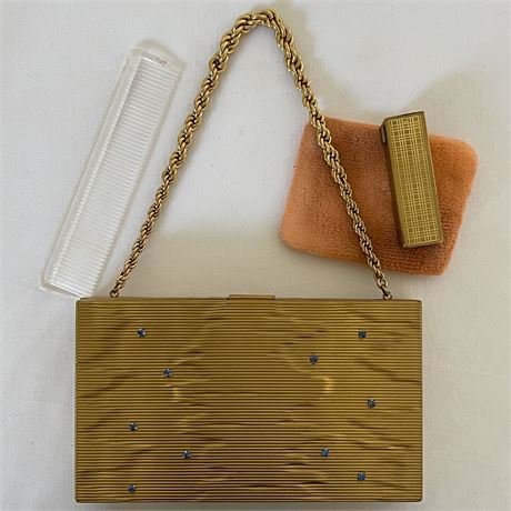 Mid-Century Evans Gold-Tone Metal Compact Evening Purse w/ Inner Contents & Box