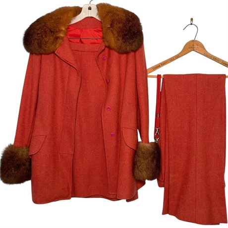 Vtg Halle's by Robert Taboh Mink Fur Collar & Cuffs Jacket w/ Skirt & Pants Set