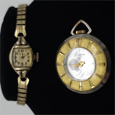 Diamond Cased Endiva Ladies Manual Wind Pendant & Vintage Benrus Gold Tone Watch