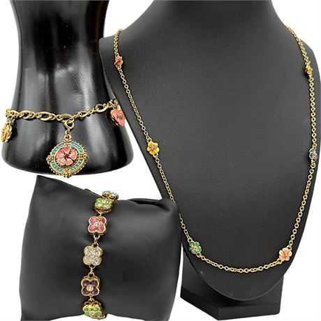 Joan Rivers Enamel & Rhinestone Floral Jewelry Set w/ Necklace & Bracelets
