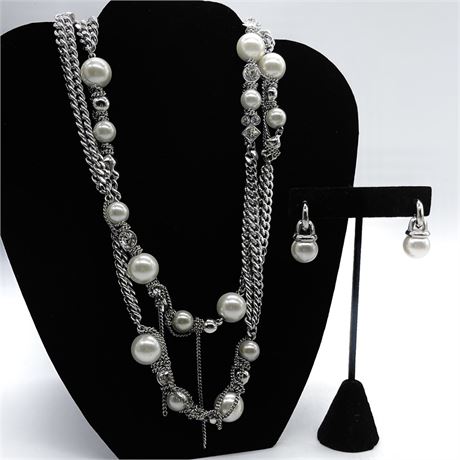 Givenchy Silver and Pearl Necklace with Matching Earrings