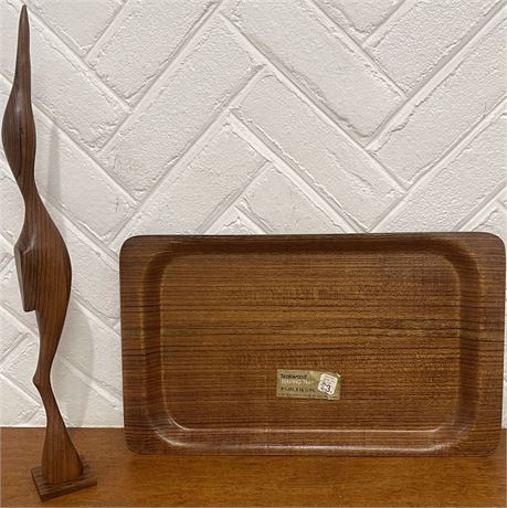 MCM Teakwood Serving Tray and Sleek Bird Sculpture