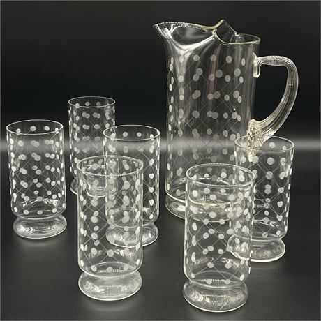 Vintage Etched Polka Dot Pitcher with Matching Drinking Glasses