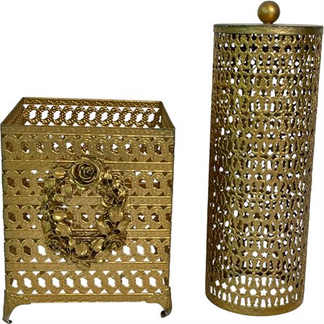 Vtg Ormolu Gold Brass Filigree Tissue Box Holder & Hairspray Bottle Cover