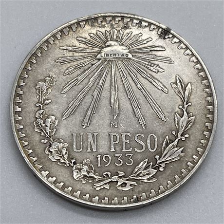 1933 Mexico 1 Un Peso .720 Silver Coin