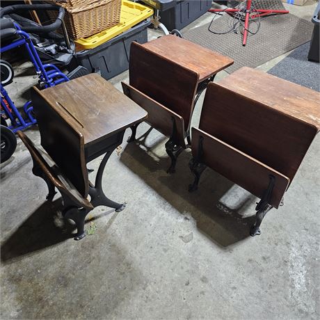 3 Antique School House Desk & Benches Iron Base