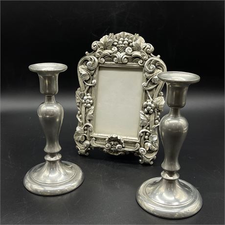 Pair of Royal Holland Pewter Daalderop Candlesticks with Photo Frame