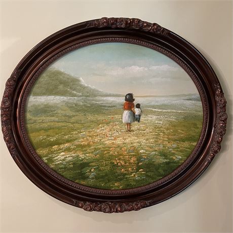 Vtg Framed Original Painting Children in the Meadow