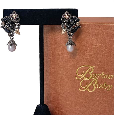 Barbara Bixby OM 925/18K Rose Gold Black Sapphires Garnet & Lilac Pearl Earrings