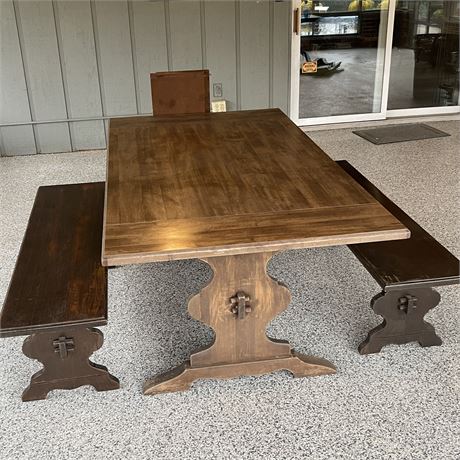 Vtg Solid Wood Trestle Base Table w/ 2 Leaves & 2 Benches