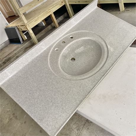 Cultured Marble Recessed Single Sink Basin Vanity Top w Pre-Drilled Faucet Holes