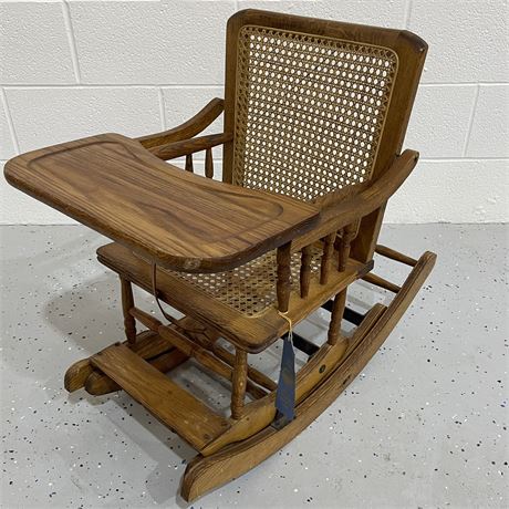 Child's Antique Cane Rocking Chair with Food Tray