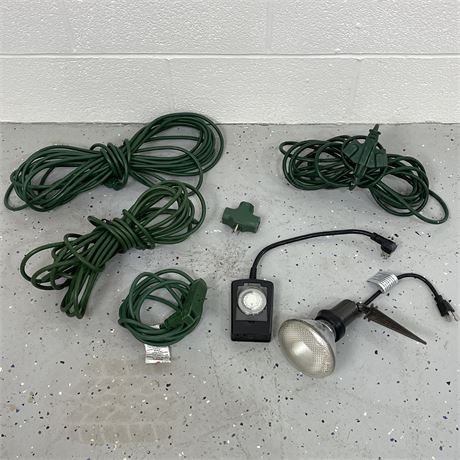 4 Extension Cords w/ 3-Way Grounding Adapter, Floodlight, and Outdoor Timer