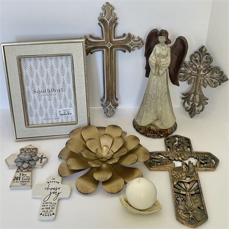 Golds & Beiges Decorative Lot w/ Crosses,  Angel & More
