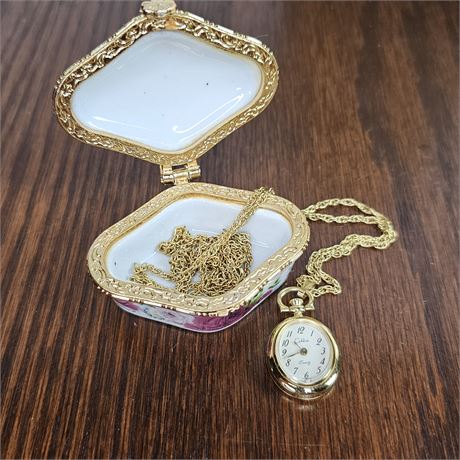 Colibri Gold Tone Mini Pocket Watch Pendant Necklace in Porcelain Trinket Box