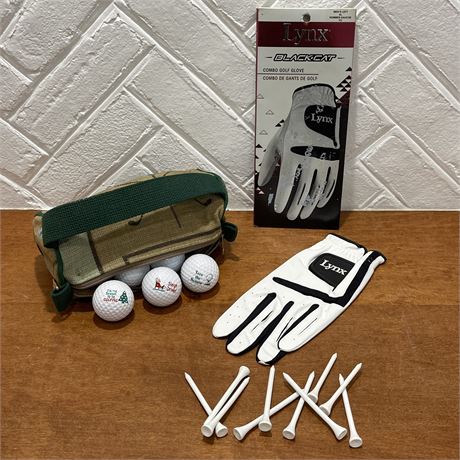 NEW Lynx Men's XL Left Golf Glove and Embroidered Golfers Bag w/ 10 Balls & Pegs