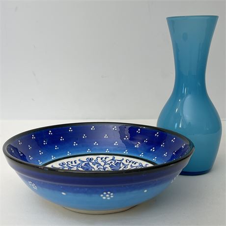 Turkish Ceramic Bowl with Coordinated Opaline Blue Vase