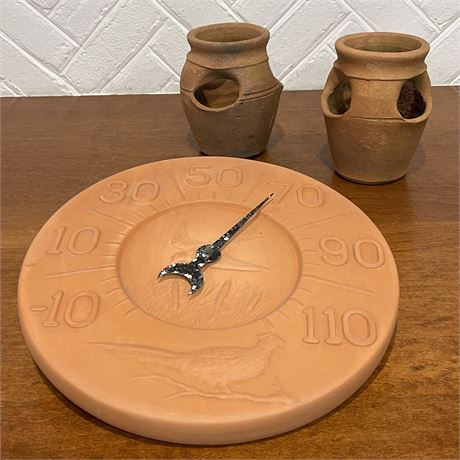 Terracotta Thermometer w/ Nature Design & 2 Terracotta Strawberry Jars