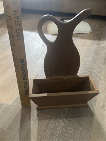Vintage Wood Planter Pitcher & Pocket Flower Holder Wall Hang