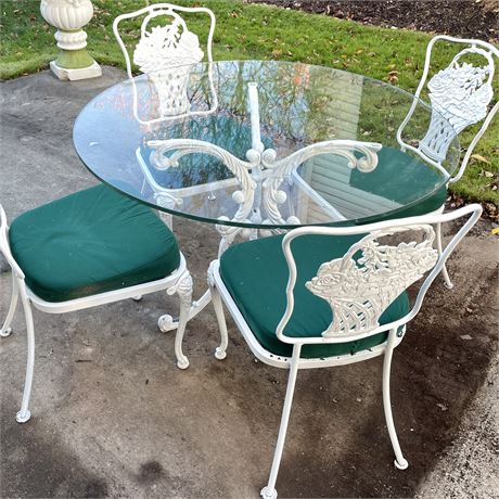 Vtg Cast Iron Glass Top Patio Dining Table & (4) Chairs