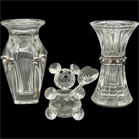(2) Lenox Lead Crystal Vases & "Love" Teddy Bear Figurine