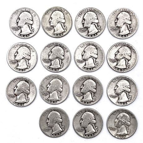 (15) 1941-1943 "Mainly D" Silver Quarter Coins