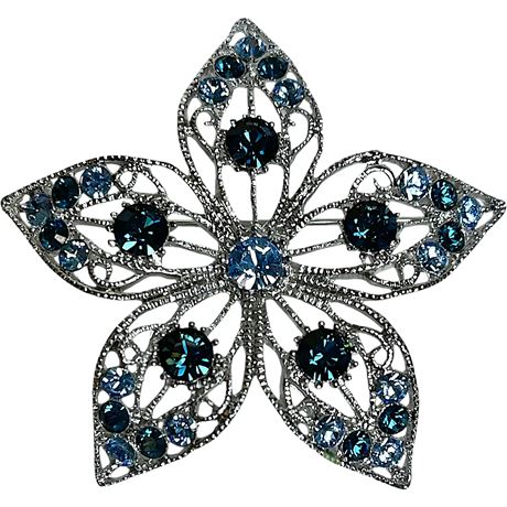 Vtg Silver Toned Blue Rhinestone Filigree Brooch
