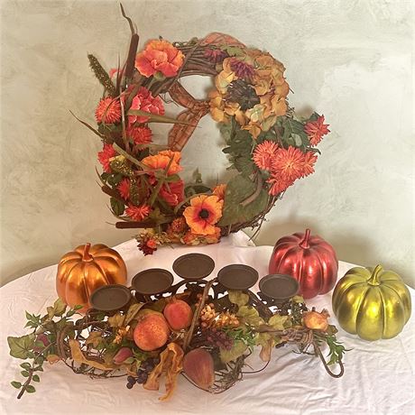 Fall Decor with Wreath, 5 Pedestal Centerpiece Candle Display and Pumpkins