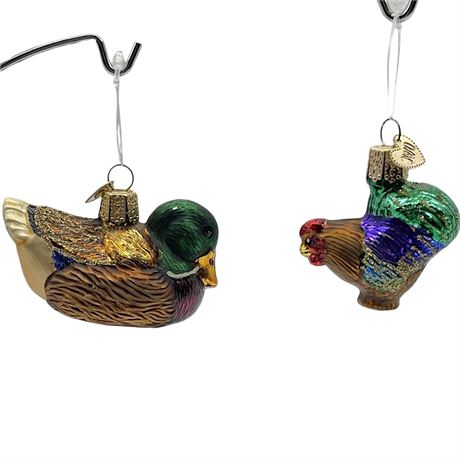 Old World Christmas Hand Blown Glass Mallard Duck & Rooster Ornaments