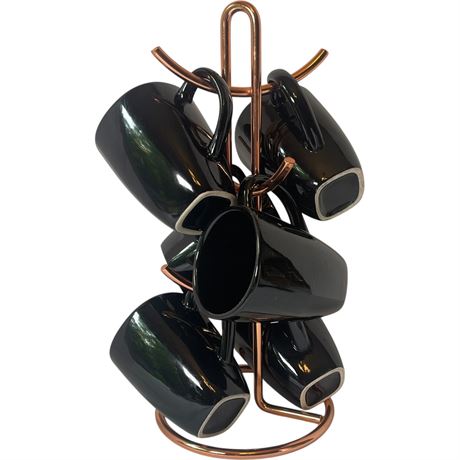 (6) Slick Black Ceramic Mugs on Rose-Gold Toned Metal Stand