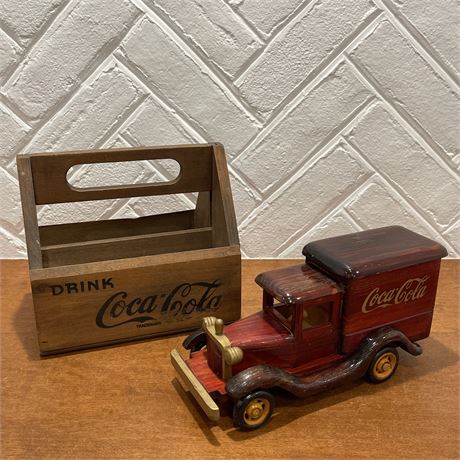 Vtg Advertising Wood Coca-Cola 6-Pack Bottle Carrier w/ Wooden Delivery Truck