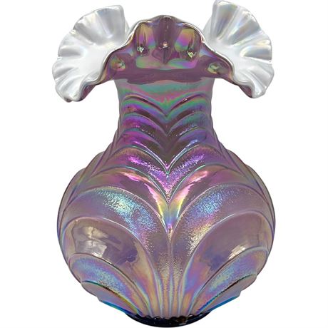 Fenton Iridescent Overlay Drapery Hand-Blown Ruffled Vase