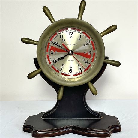 Nautical Brass Ship's Time Wheel Clock on Wooden Stand