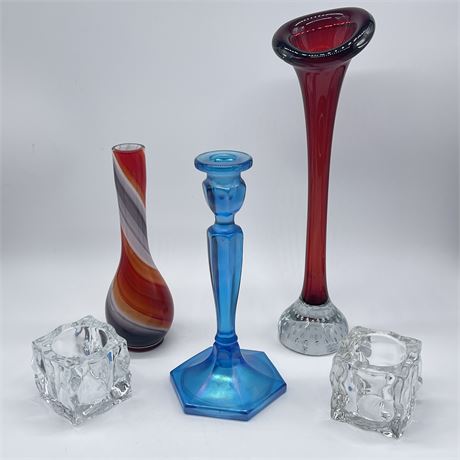 Great Lot of Colored Vases and Clear Glass Candle Holder Cube Set