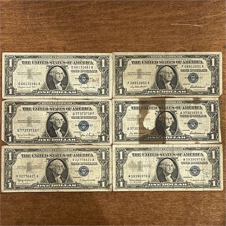 (6) 1935 & 1957 Blue Seal $1 Bill Silver Certificates w/ Serial Pairs