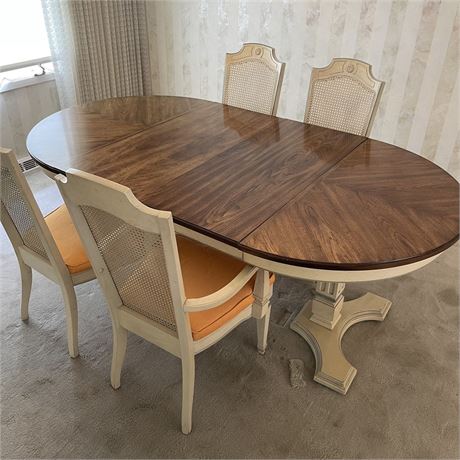 Vtg French Provincial Double Pedestal Dining Table with 4 Chairs