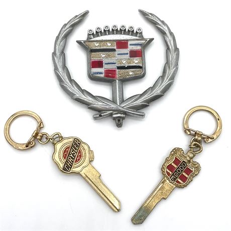 Vtg Cadillac Hood Ornament with Dodge and Chrysler Key Blank Keychains