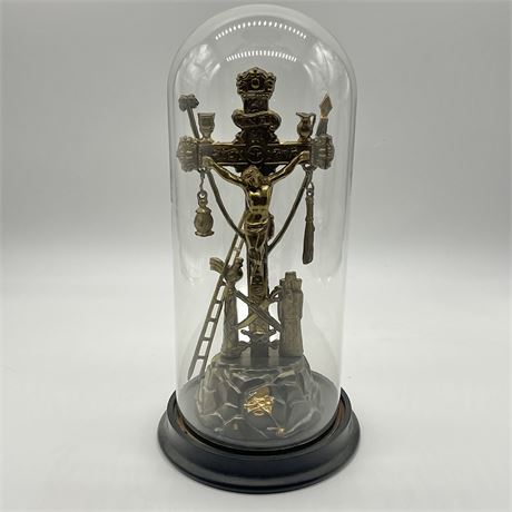 Antique "Thy Kingdom Come" Glass Domed Metal Crucifix w/ Paperwork